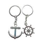 4EVER Romantic Stainless Alloy Metal Silver Nautical Steering Wheel Anchor & Love Boat Rudder Helm Couple Keychain