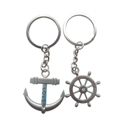 4EVER Romantic Stainless Alloy Metal Silver Nautical Steering Wheel Anchor & Love Boat Rudder Helm Couple Keychain